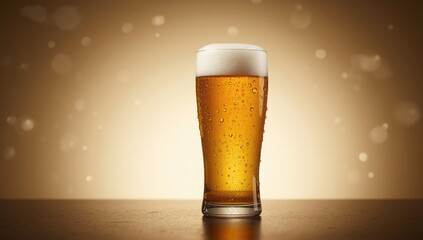 Amber beer glass with water condensation emphasizing cold refreshment, ideal for bar or drink promotion