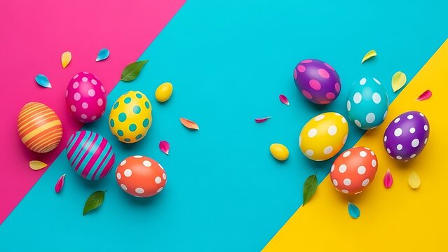 Colorful Easter eggs arranged on vibrant blue and pink background - Powered by Adobe