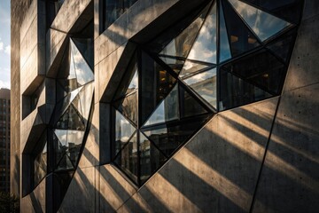 Geometric glass panels integrated into concrete facade creating shadowed patterns on modern urban architecture