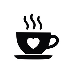 Black silhouette of a steaming hot cup with a heart on a saucer.