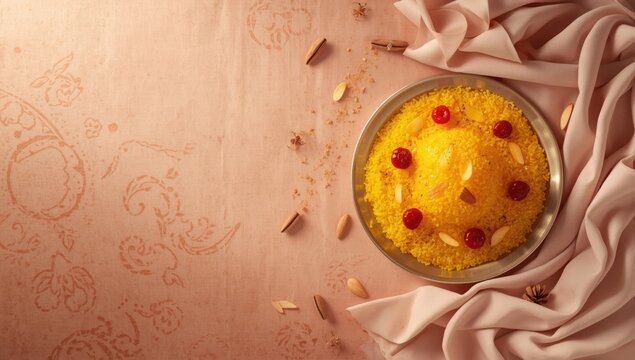 Kesari bath, a traditional Indian sweet with saffron-infused semolina, served during special occasions, vibrant appearance
