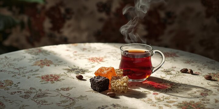 Traditional rahat lokum candies alongside tea in armudu glass on a patterned tablecloth, highlighting cultural presentation