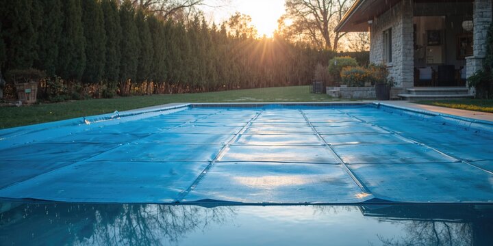 Small pool covered with a blue tarpaulin during cold season, used for maintenance and cleanliness, World Water Day