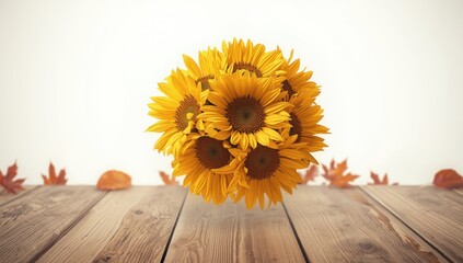 Sunflower arrangement displayed on vibrant backdrop, ideal for seasonal editorial headers, autumn celebration