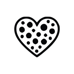 A black and white graphic illustration of a heart shape filled with various sized polka dots, symbolizing love and affection.