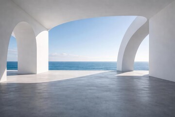 Empty concrete floor in minimalist setting with white abstract architecture and ocean view