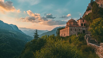 Obraz premium Mountain landscape with Podmaine monastery, highlighting religious site and rugged terrain