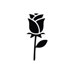 A black silhouette of a single rose with a stem and a leaf, isolated on a white background.
