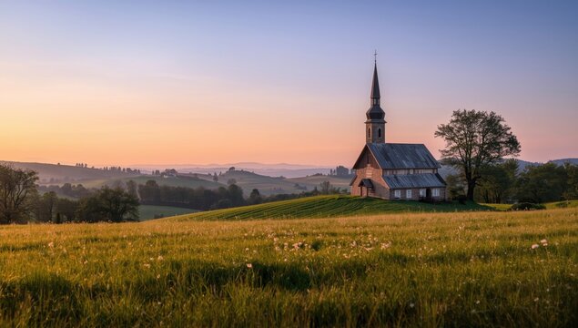 Summer evening scene of a hill with a chapel amidst trees and grass in the Franconian region, highlighting landscape features