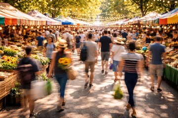 Obraz premium Hustle and bustle of blurred people at a sunny outdoor market