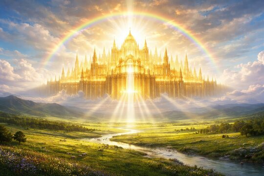 Glorious New Jerusalem shining bright with spiritual light over wide grassy plains