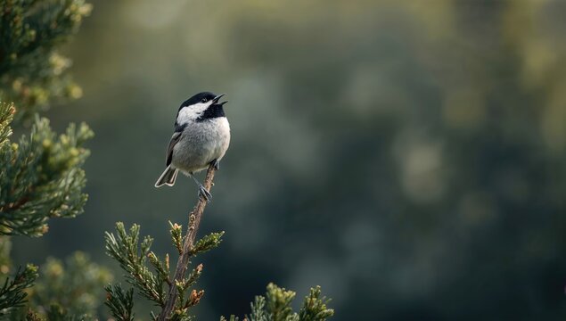 Mountain chickadee singing on a tree branch in natural light, avian vocalization and wildlife observation - Powered by Adobe