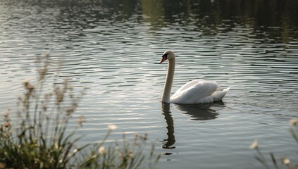 Naklejka premium Two swans floating peacefully on calm water, highlighting natural habitat and species interaction, World Water Day