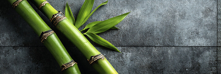 Obraz premium Fresh green bamboo stalks with pointed leaves lying diagonally on textured gray slate stone surface, Asian spa wellness and natural material design background