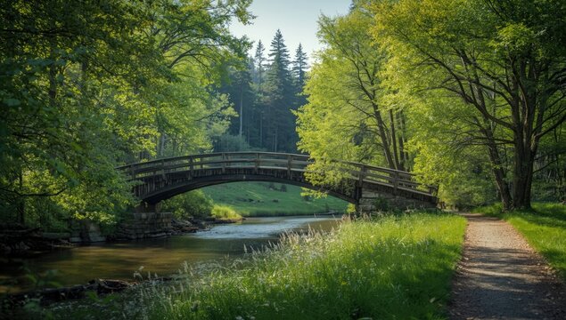 Old wooden bridge spanning a forest river, highlighting seasonal change and timber preservation