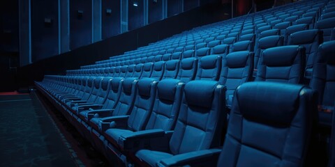 Fototapeta premium Unoccupied cinema chairs aligned in a row for theater planning, background for layout design