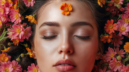 In a bright setting, a woman with a crown of flowers on her head closes her eyes. Her face shows calmness and the flowers add color to the scene. It looks like a creative art moment.