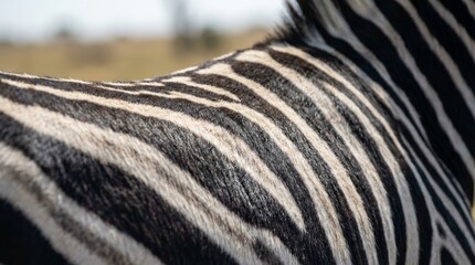 Zebra's black and white striped fur pattern in a detailed close-up view, showcasing the beautiful animal skin texture with a shallow depth of field and a blurred savanna backdrop