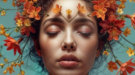 In a bright setting, a woman with a crown of flowers on her head closes her eyes. Her face shows calmness and the flowers add color to the scene. It looks like a creative art moment.