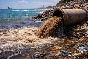 Obraz premium Pollution from a prominent sewage pipe contaminating ocean waters and ecosystems