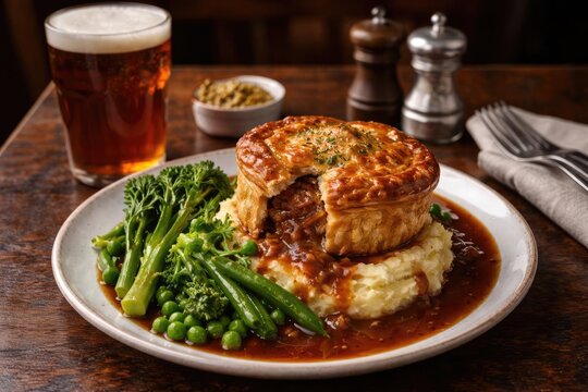 Gourmet gastro pub plate with flaky pie mash hearty gravy green veggies and ale