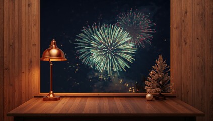 Office workspace featuring a wooden desk, subtle lamp, and fireworks overhead, designed for holiday layout