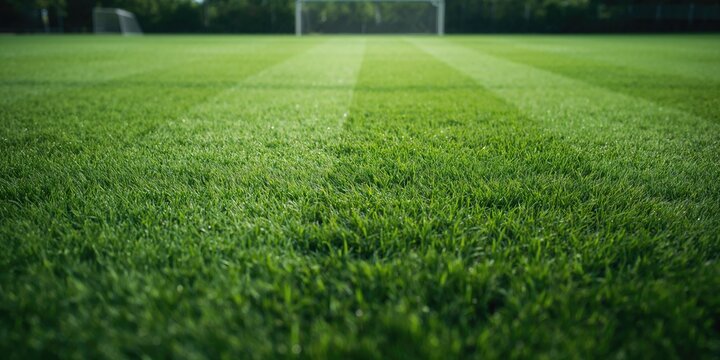 Striped soccer field surface used as a background for text layout, game setting and visual clarity