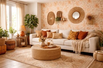 Bohemian style farmhouse living room with modern couch and wallpaper in orange and beige hues