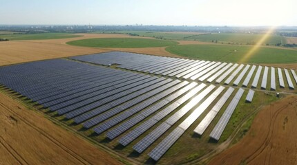 Large solar panel farm generating electricity in a rural agricultural landscape with a city skyline on the horizon under a bright sun, captured from an aerial drone perspective