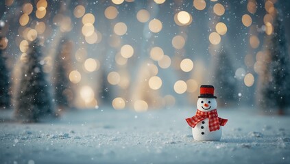 Christmas card scene with a toy snowman on a holiday-themed backdrop, seasonal decoration