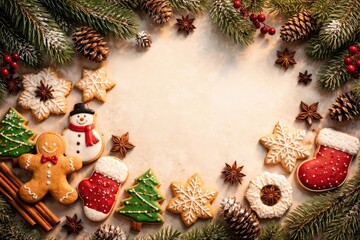 Assorted Christmas cookies with pine branch accents and cones on a light smooth background with copy space