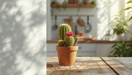 Cluster of three small cacti in pots on a wooden table with gravel debris, used as interior plant display or natural decor, World Cactus Day