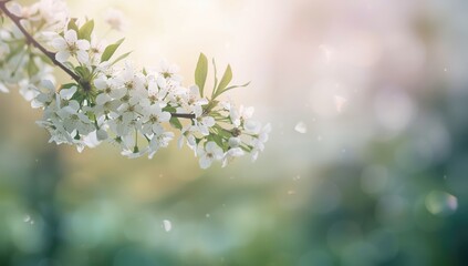 Close-up of plum tree branch with white flowers during spring, focused on seasonal bloom