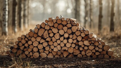 Woodpile of cut logs arranged for firewood, highlighting fuel preparation and seasonal weather readiness