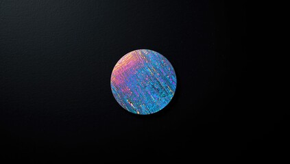 Close-up of a holographic foil sticker with grungy neon texture applied on paper for creative design, isolated on black background