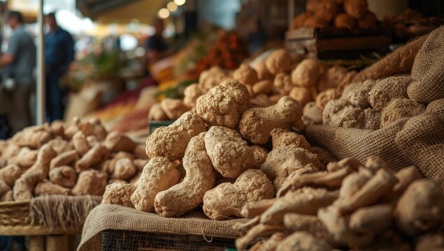White Truffles displayed for sale at a market stall, highlighting seasonal harvest, Fiera del Tartufo, Italy