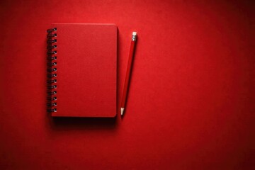 Red paper background featuring red notebook and pencil top view with copy space for education and business use
