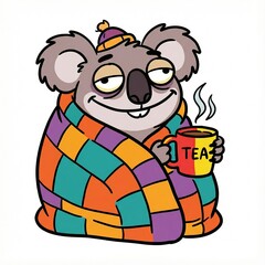Cartoon koala drinking tea while wrapped in a colorful blanket  
