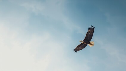 Fototapeta premium Bald eagle in mid-flight against a blank sky, highlighting wildlife movement and freedom, World Wildlife Day