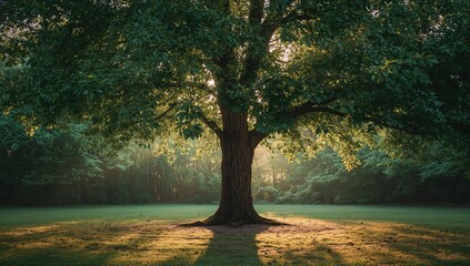 Sun rays penetrate leafy canopy of linden tree providing a textured backdrop for editorial headers, spring, forest, sunlight, foliage