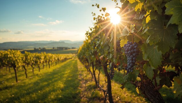 Sunshine over grapevines illustrating climate effects on crop development