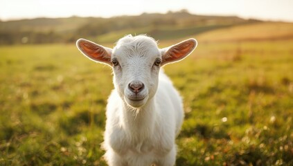 Obraz premium Young white goat directly gazing at camera ideal for farm animal display, focusing on livestock management