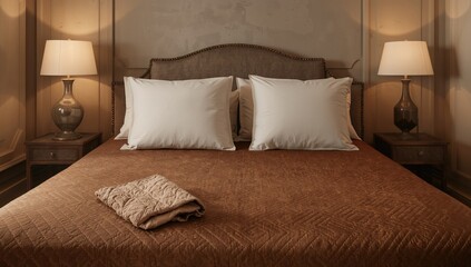Closeup of a spacious bed featuring a brown bedsheet and two white pillows, suitable for bedroom decor, World Sleep Day