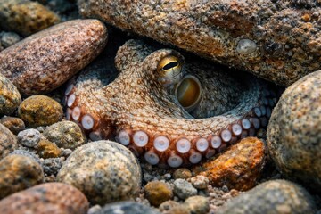 Obraz premium Octopus vulgaris partially hidden among underwater stones