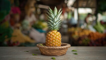Market display of ripe pineapple in a woven basket highlighting fresh produce for sale, ideal for food retail imagery