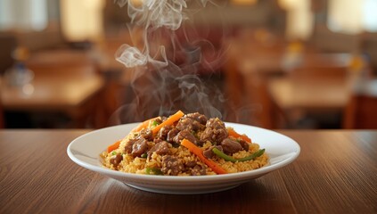 Chopped beef incorporated into fried rice, showcasing a focus on meat preparation and culinary technique
