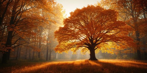 Sunlit autumn woodland with visible tree crowns and dappled light, highlighting seasonal foliage