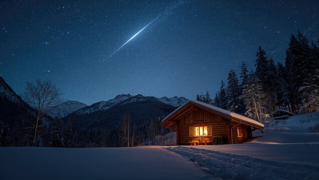 Night scene of a snow-covered ski hut in winter, highlighting winter tourism and outdoor shelter