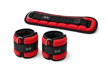 Red fitness wrist and ankle weights with cushioned padding and black grip displayed on white background