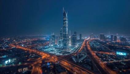 Fototapeta premium Nighttime cityscape featuring skyline and ongoing metro construction, urban development, World Cities Day